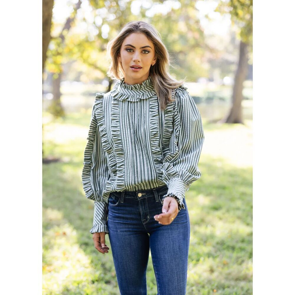 Karlie Women Size M Green Stripe Pleat Ruffle Blouse Victorian Peasant Cottage
